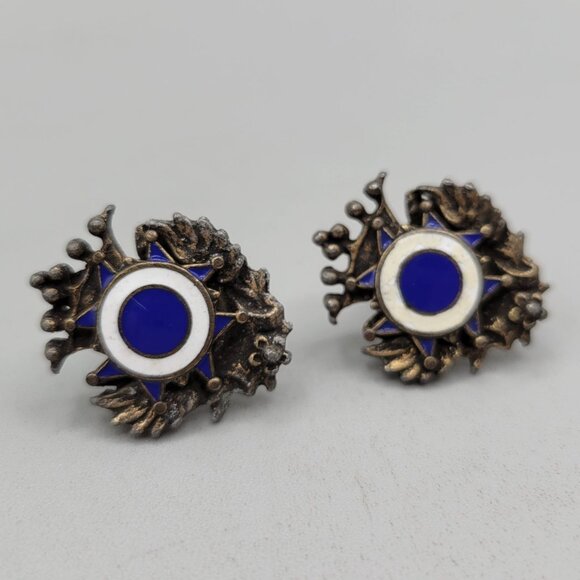 1940s Hungarian Enamel Screw-Back Earrings Vintage Folk Art Bronze - Picture 1 of 5